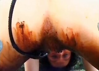 A man with a fat ass is ready to smear some poop